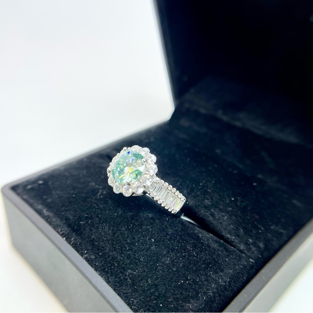 Moissanite Halo Ring Aqua Blue Center & Baguette Accents 18K White Gold Finish - Picture 12 of 16